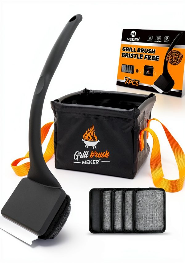 MEKER Grill Brush Bristle-Free Collapsible Bucket Set 7-Piece Black-0
